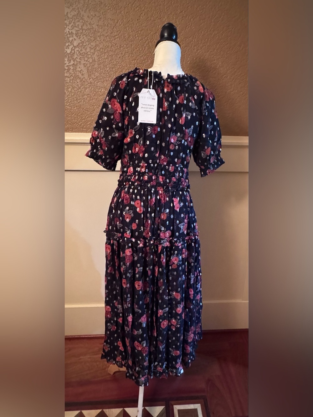 Ivy City Co Black Maxi Dress with Red Floral Print and silver polka dots. - Picture 2 of 10